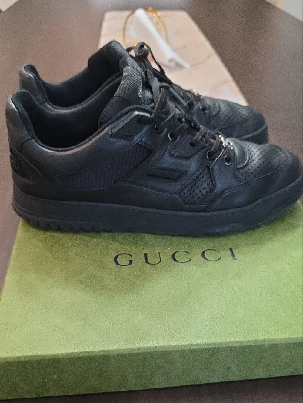 Gucci Men’s Black Leather Sneakers with Silver Double G Hardware